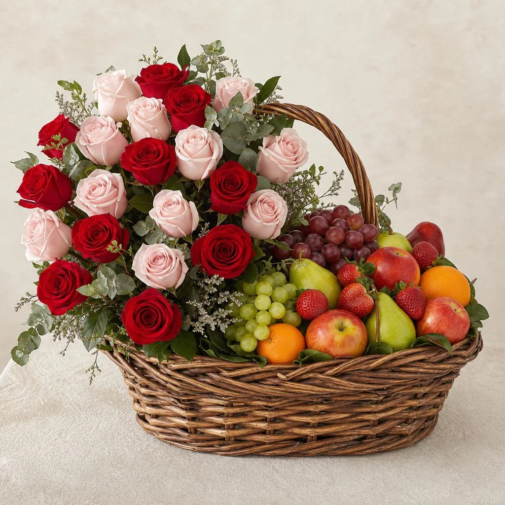 Flower Arrangement Delivered in Bogotá - Flowers with Fruit Basket
