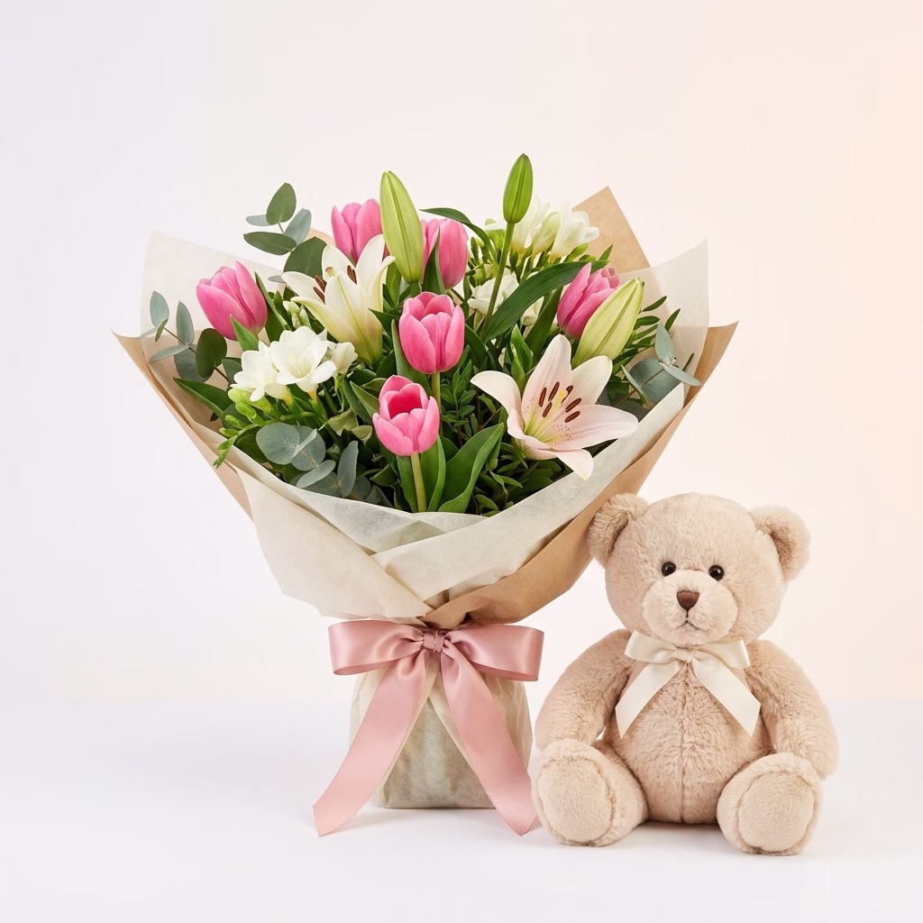 Flower Arrangement with Plush Toy - Blooming Love with Tulips, Lilies, and a Loving Teddy Bear