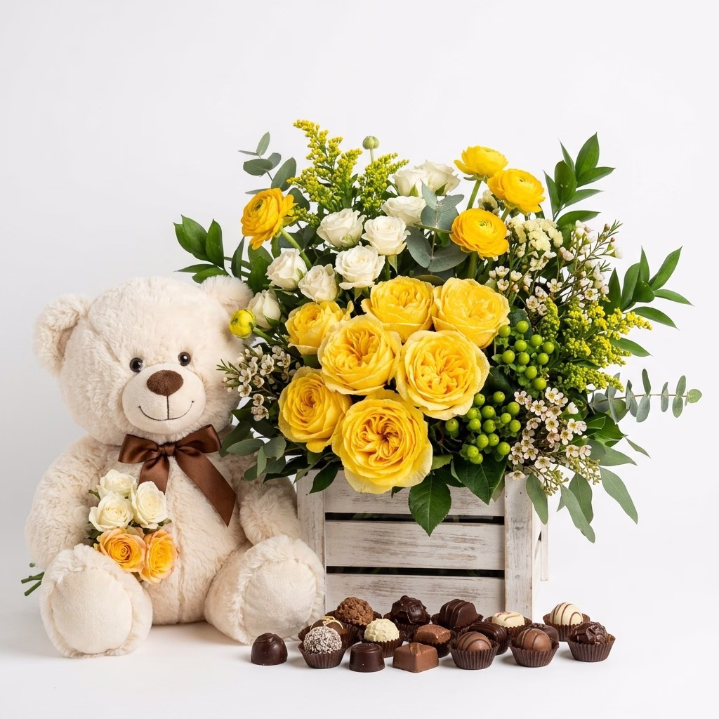 Floral Arrangement with Chocolates - Roses, Giant Teddy Bear and Popping Chocolates
